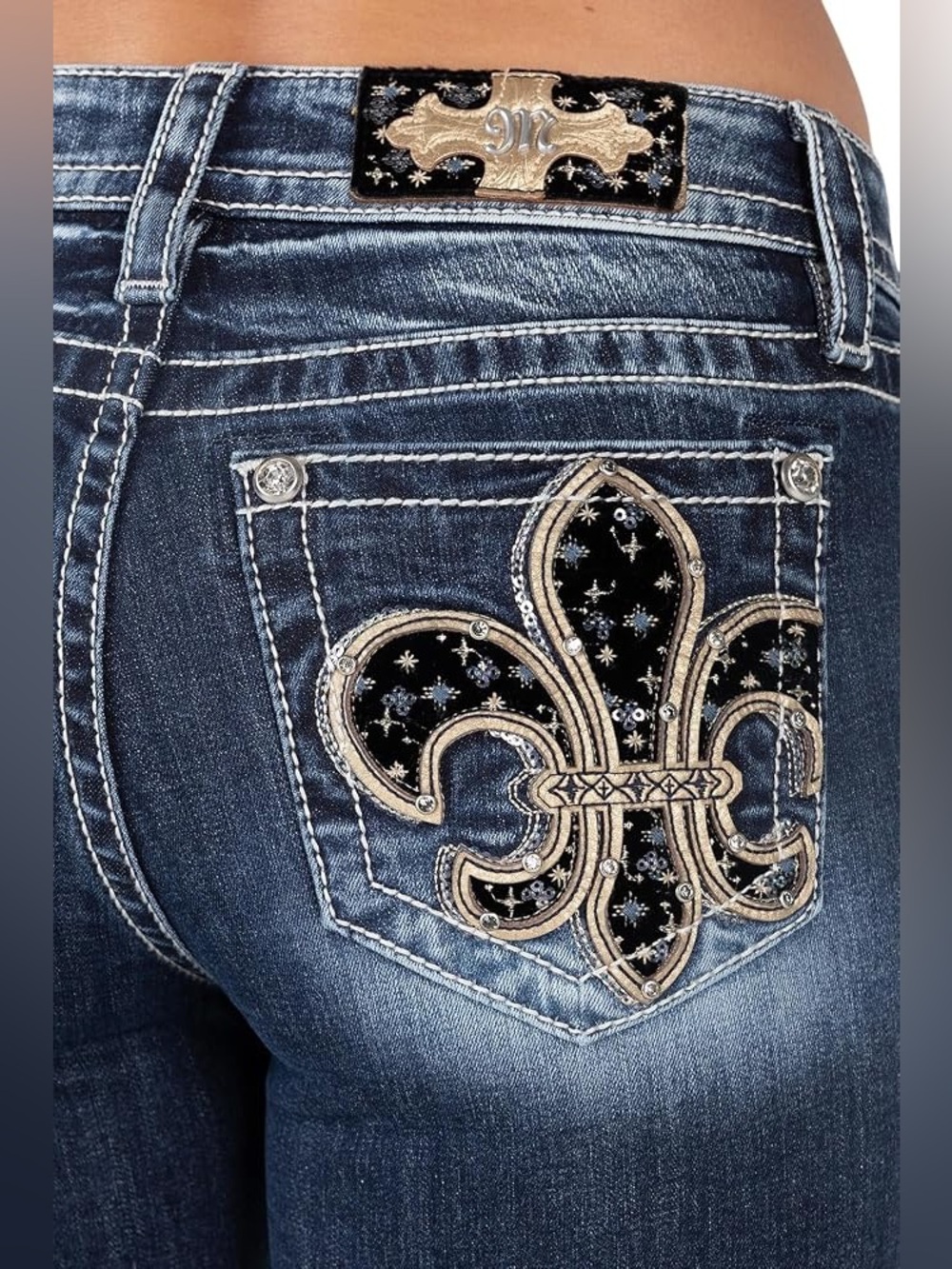 RARE Miss Me Dark Wash Gold Saint Fleur De Lis Mid Rise Bootcut Jeans Sz 30 - Picture 3 of 13